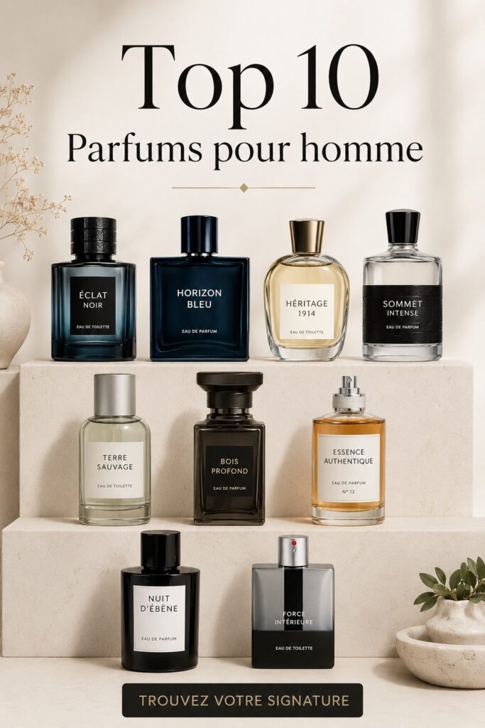 Sélection de parfums pour hommes, mettant en avant des flacons élégants et modernes