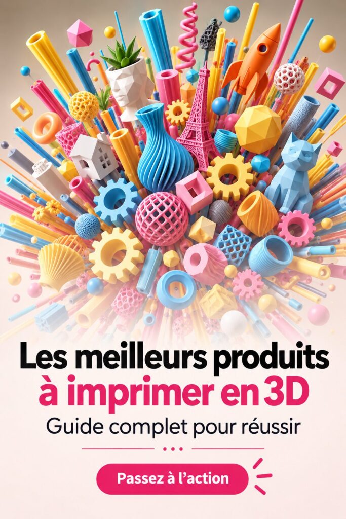 Femme travaillant sur un imprimante 3D avec des produits finis en arrière-plan