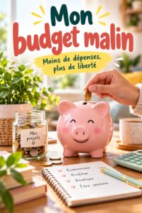 Femme souriante avec un carnet et un ordinateur, planifiant son budget malin.