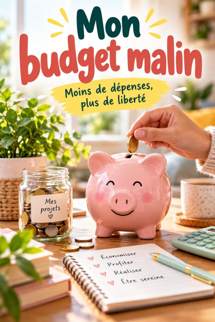 Femme souriante avec un carnet et un ordinateur, planifiant son budget malin.