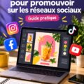 Un flyer coloré sur une table, mettant en avant une promotion sur les réseaux sociaux.