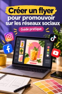 Un flyer coloré sur une table, mettant en avant une promotion sur les réseaux sociaux.