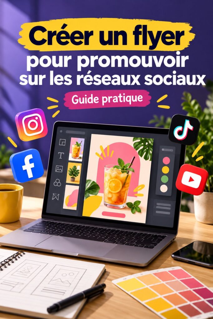 Un flyer coloré sur une table, mettant en avant une promotion sur les réseaux sociaux.