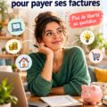 Femme souriante tenant des factures avec un graphique de revenus en arrière-plan.