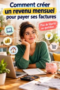 Femme souriante tenant des factures avec un graphique de revenus en arrière-plan.