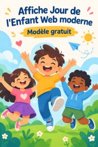Un flyer coloré pour la fête des enfants représentant des personnages ludiques en style Web3