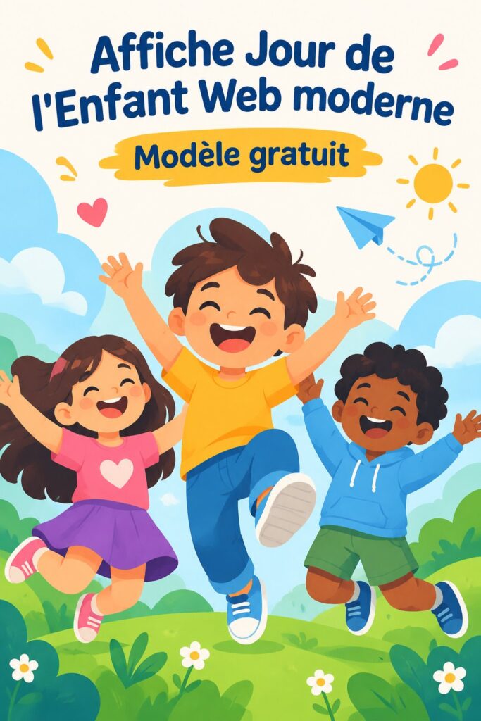 Un flyer coloré pour la fête des enfants représentant des personnages ludiques en style Web3