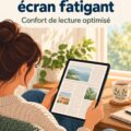 Femme lisant un journal numérique confortablement sans fatigue.