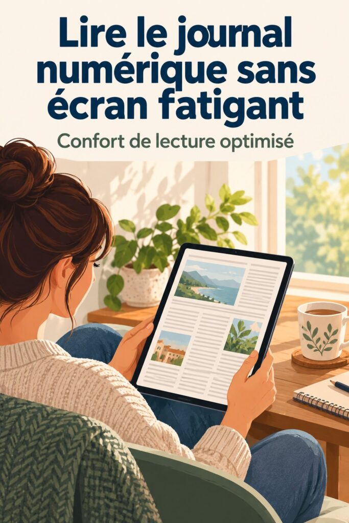 Femme lisant un journal numérique confortablement sans fatigue.