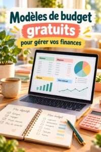 Modèle de budget gratuit affiché sur un bureau avec des outils de gestion financière.