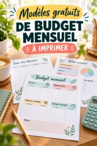 Modèle de budget mensuel imprimable avec des sections pour revenus et dépenses.