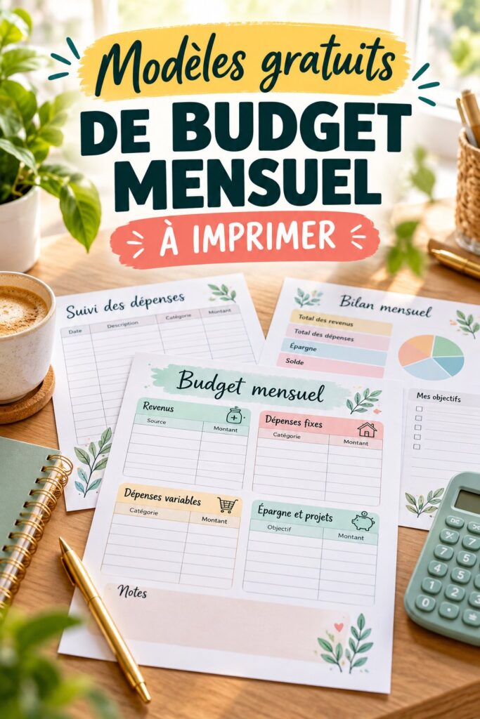 Modèle de budget mensuel imprimable avec des sections pour revenus et dépenses.