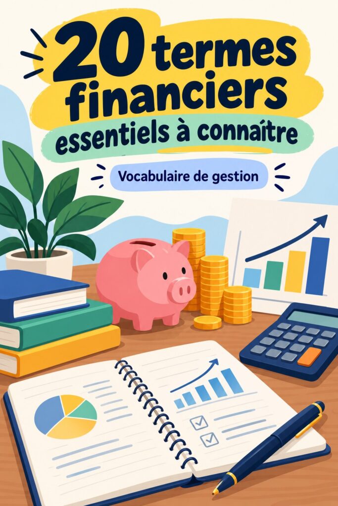 Une femme souriante en train de gérer son budget à l'aide de termes financiers clés.